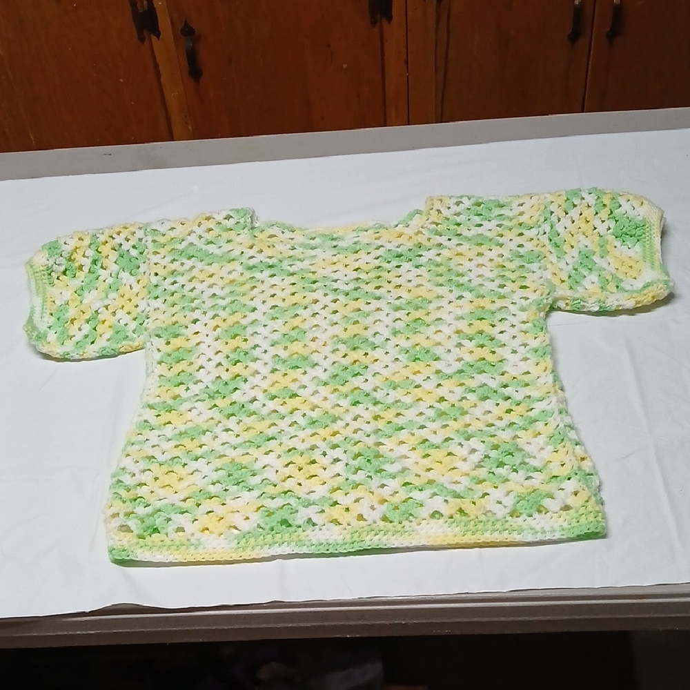 Vintage Handmade Openwork Crochet Short Sleeve Top Sweater Green Yellow White L